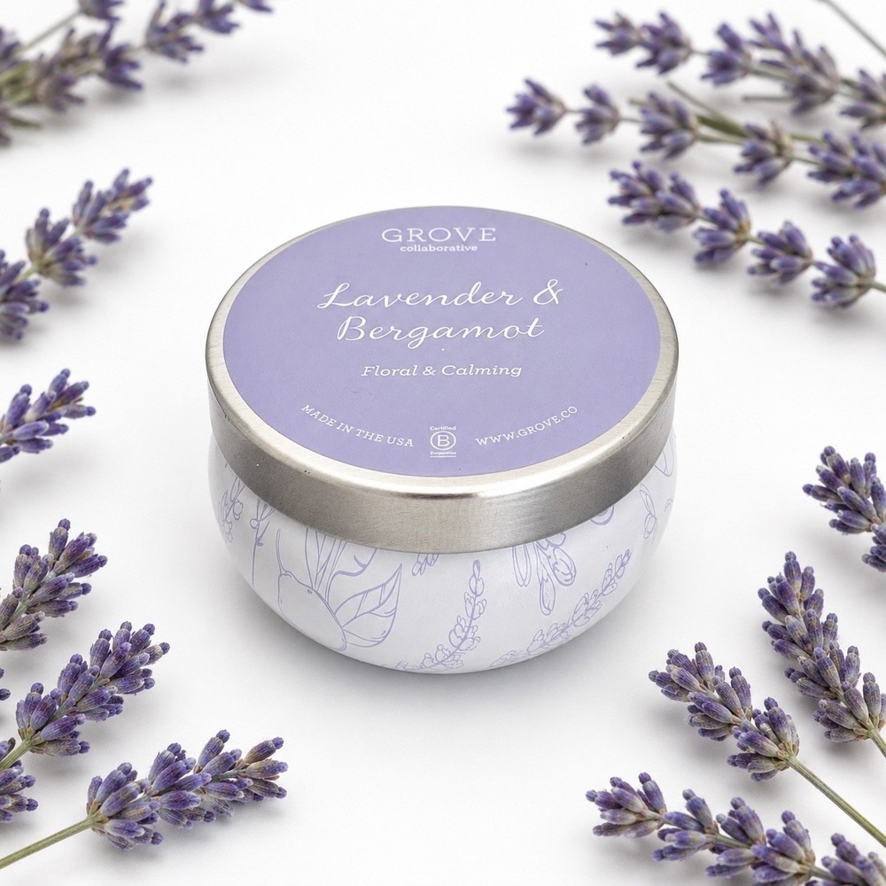 Grove Collaborative Lavender Bergamot Soy Candle 2 oz NEW Floral Calming Tin